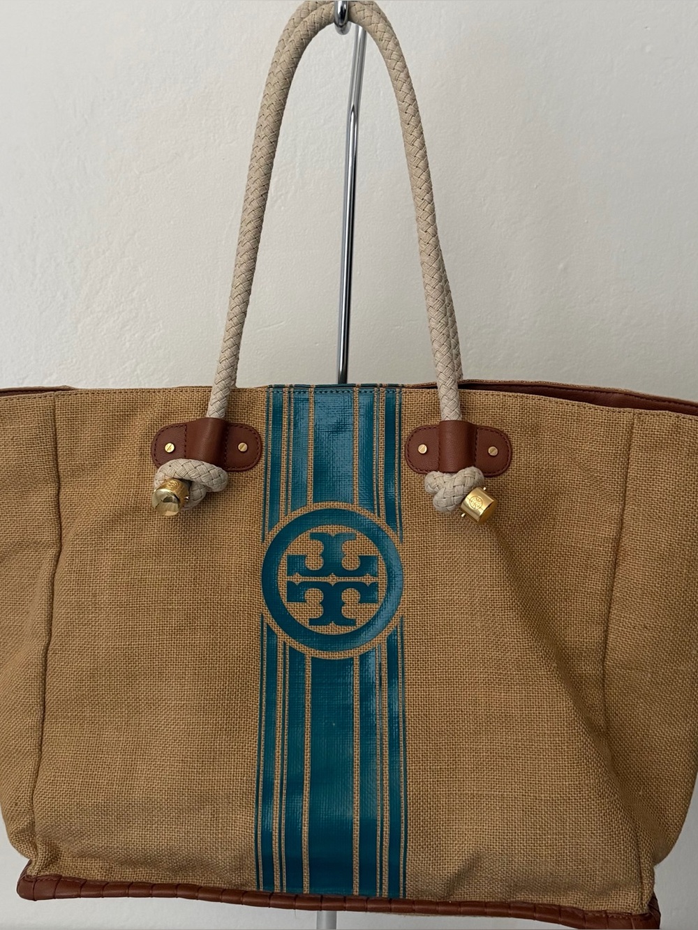 Tory Burch Leather Trimmed Jute Shopper Bag